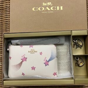 Coach White Wristlet with Pink and Blue Stars